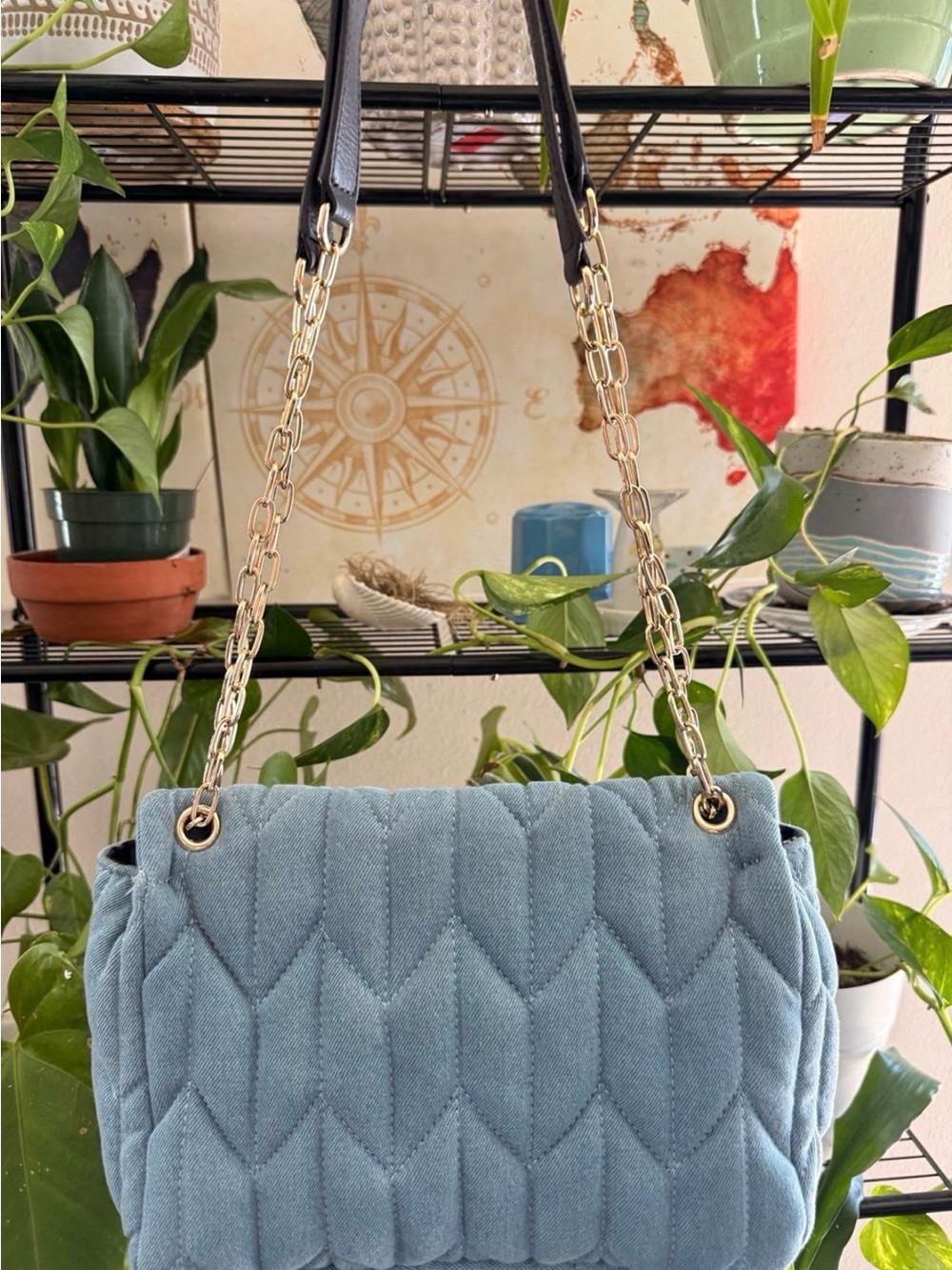 Quilted Light Blue Shoulder Bag with Chain Straps